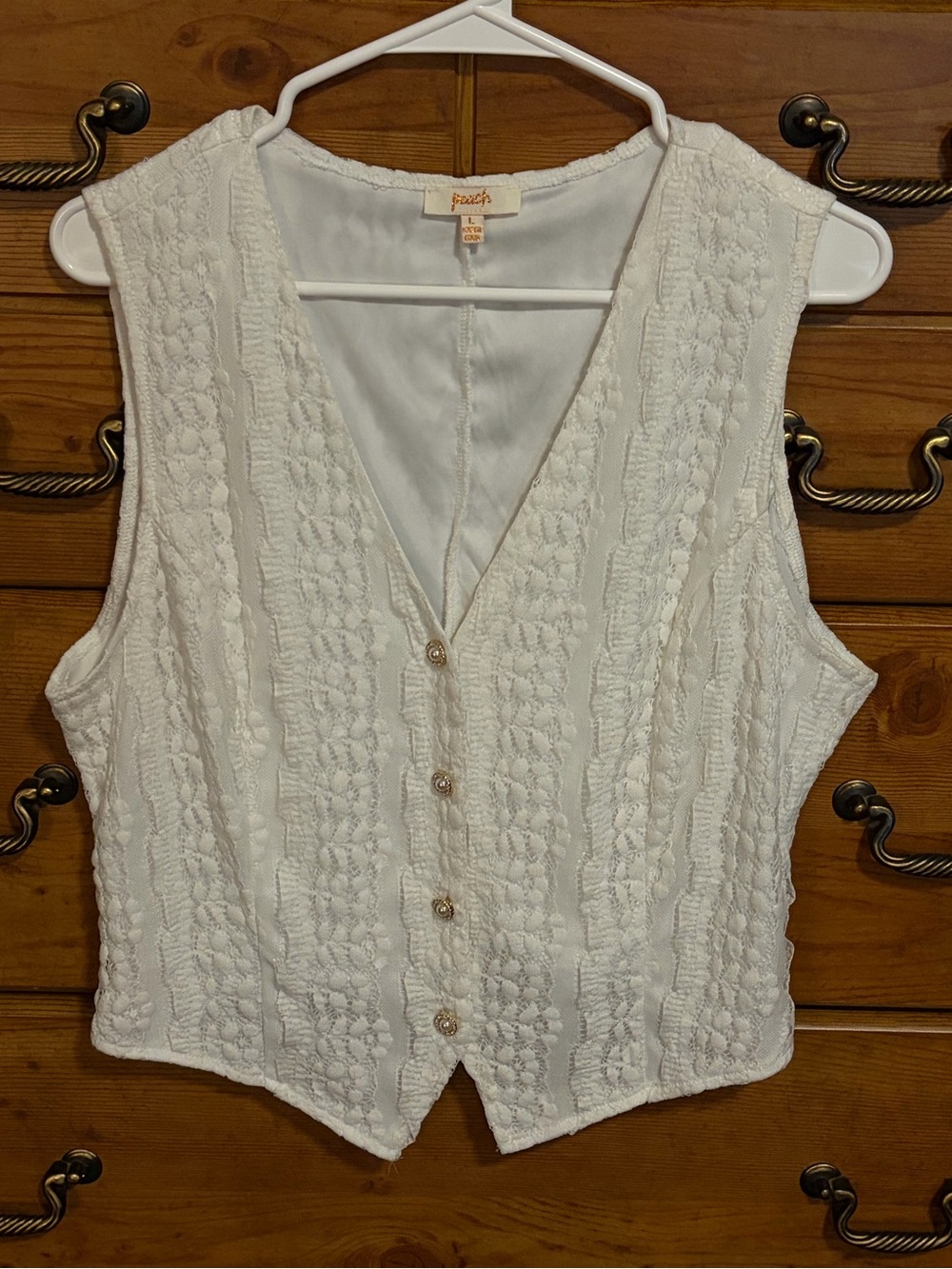 Peach White Textured Button-Front Crop Vest